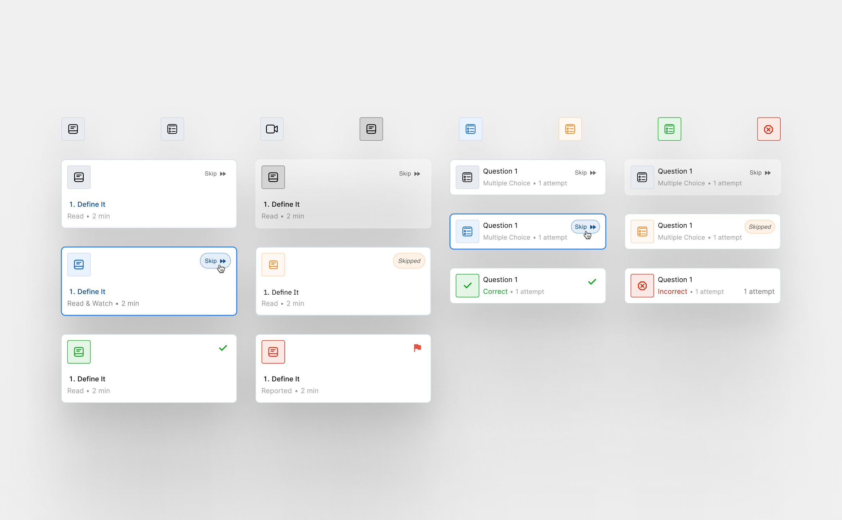 Component and state exploration for a short-course learning card flow.