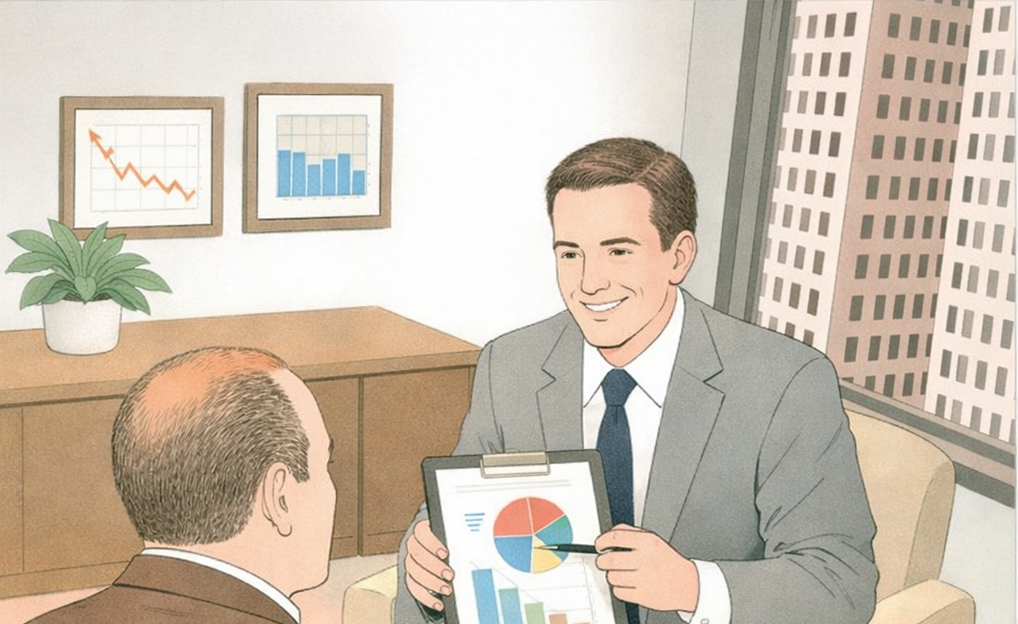 Illustration of a client meeting: a presenter shares charts on a clipboard in a corner office with a city view.
